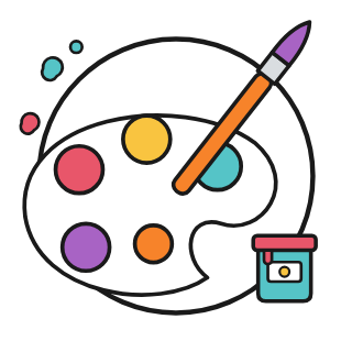 Illustration of a paint palette, paintbrush and paint pot, showing art-based support for children from Positive Pants