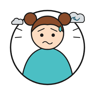 Illustration of an anxious child with worry clouds overhead, showing child anxiety support from Positive Pants