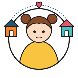 Illustration of a child between two homes joined by a heart, showing support for children through separation and divorce from Positive Pants