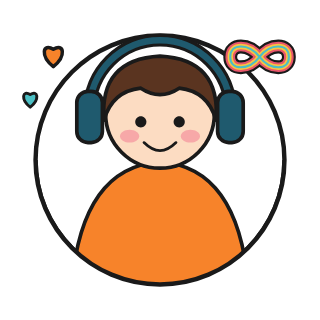 Illustration of a happy child wearing ear defenders beside a rainbow infinity symbol, showing neurodivergent child support from Positive Pants