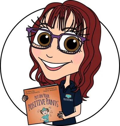 Cartoon illustration of Claire holding her Put On Your Positive Pants book