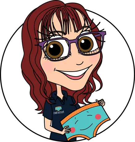Cartoon illustration of Claire Clements holding a pair of Positive Pants