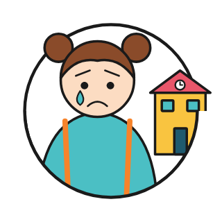 Illustration of a tearful child with a school bag outside a school building, showing school refusal support from Positive Pants